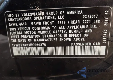 2017 Volkswagen Passat 1.8T Se z USA, uszkodzony, nr VIN 1VWBT7A31HC060376